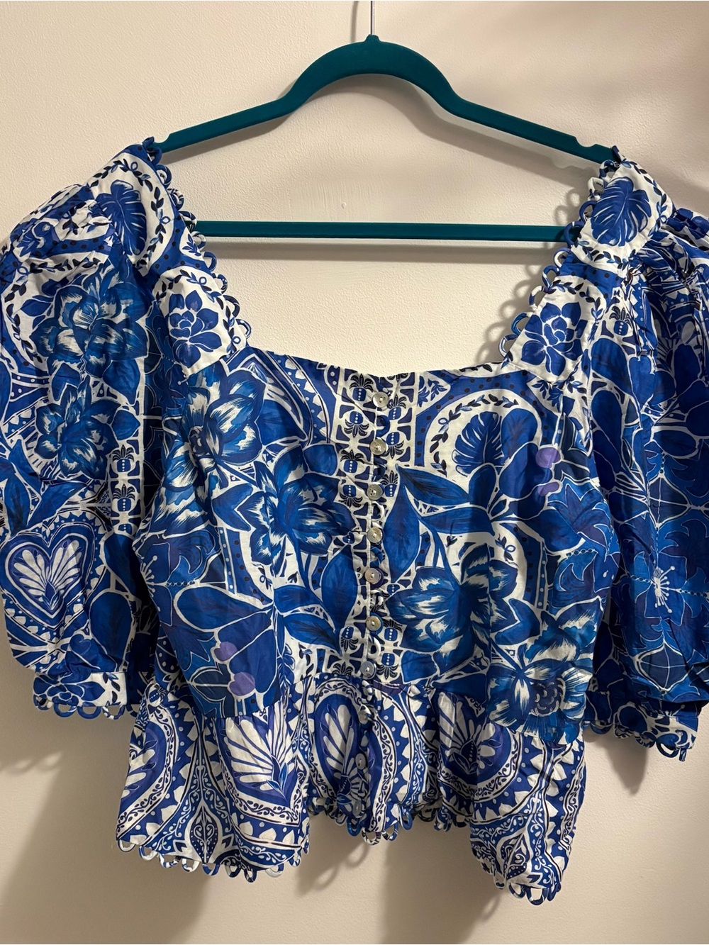 Boho Cottagecore Farm Rio Blue Floral Puff Sleeve Peplum Top XL NWT